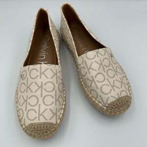 Calvin Klein Logo Espadrilles Women US 6.5 Beige Monogram Slip On Flats